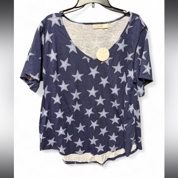 Zim & Zoe Navy Blue cotton fabrication with Star print v-neck t-shirt women’s 20 - Picture 1 of 7